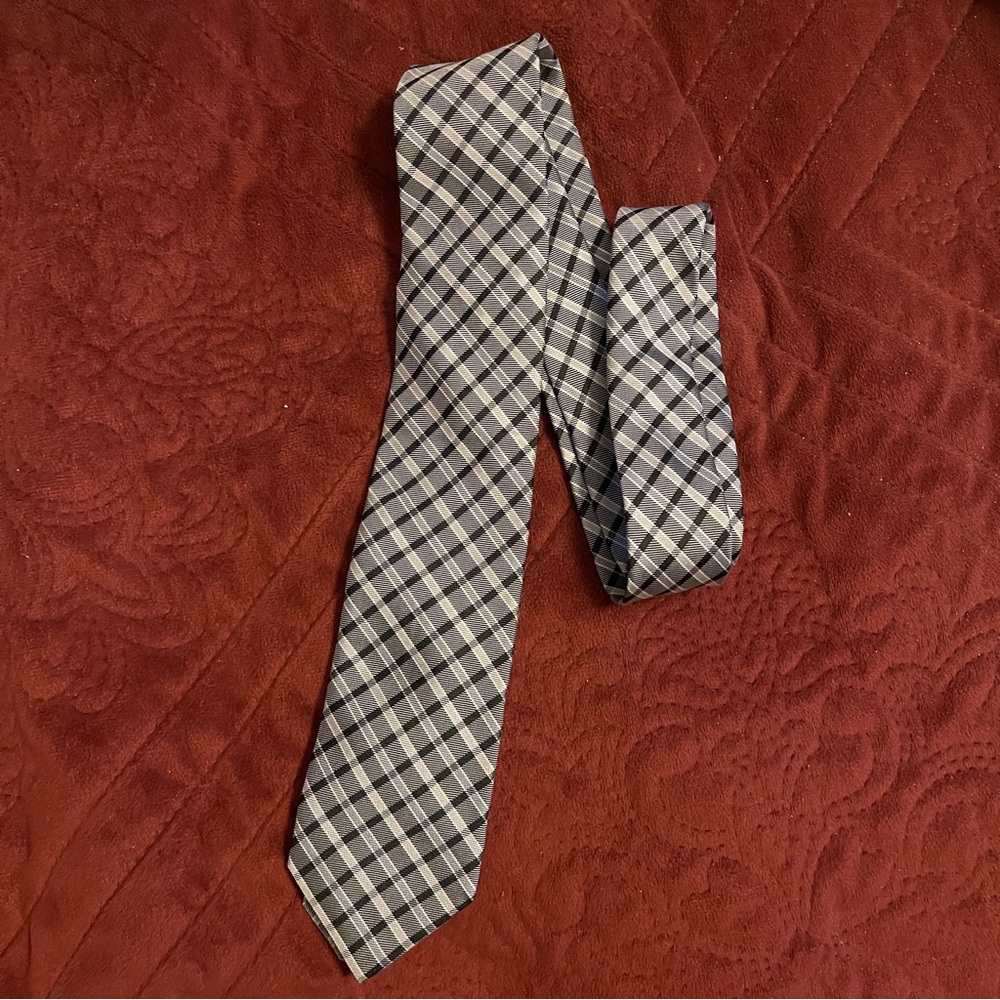 Ben‎ Sherman Tie Silk Black Gray Silver Repp Stripe Plaid Men 2.75” Retro Dad